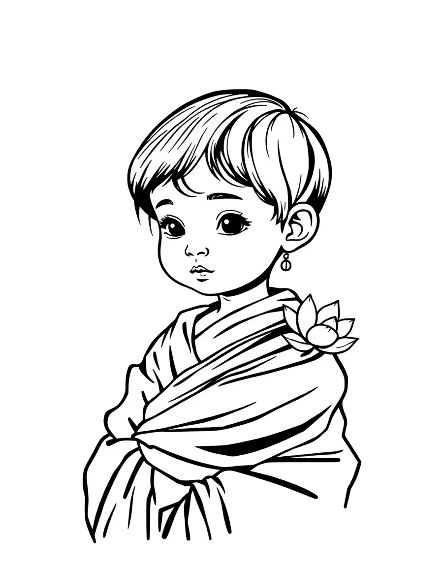 A Thai child in a simple silk wrap, with a small lotus flower.