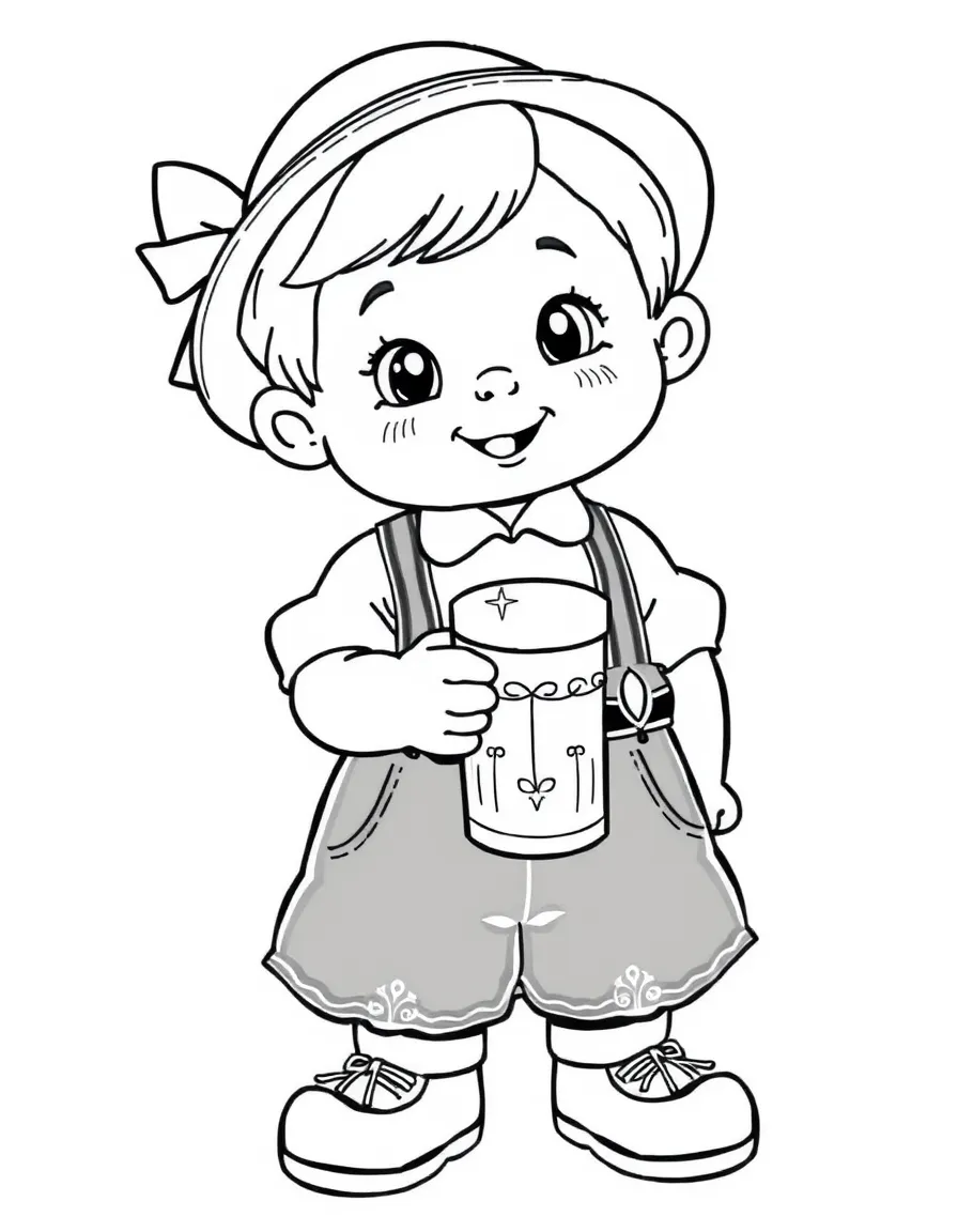 A German child in lederhosen with simple embroidery, holding a small stein.