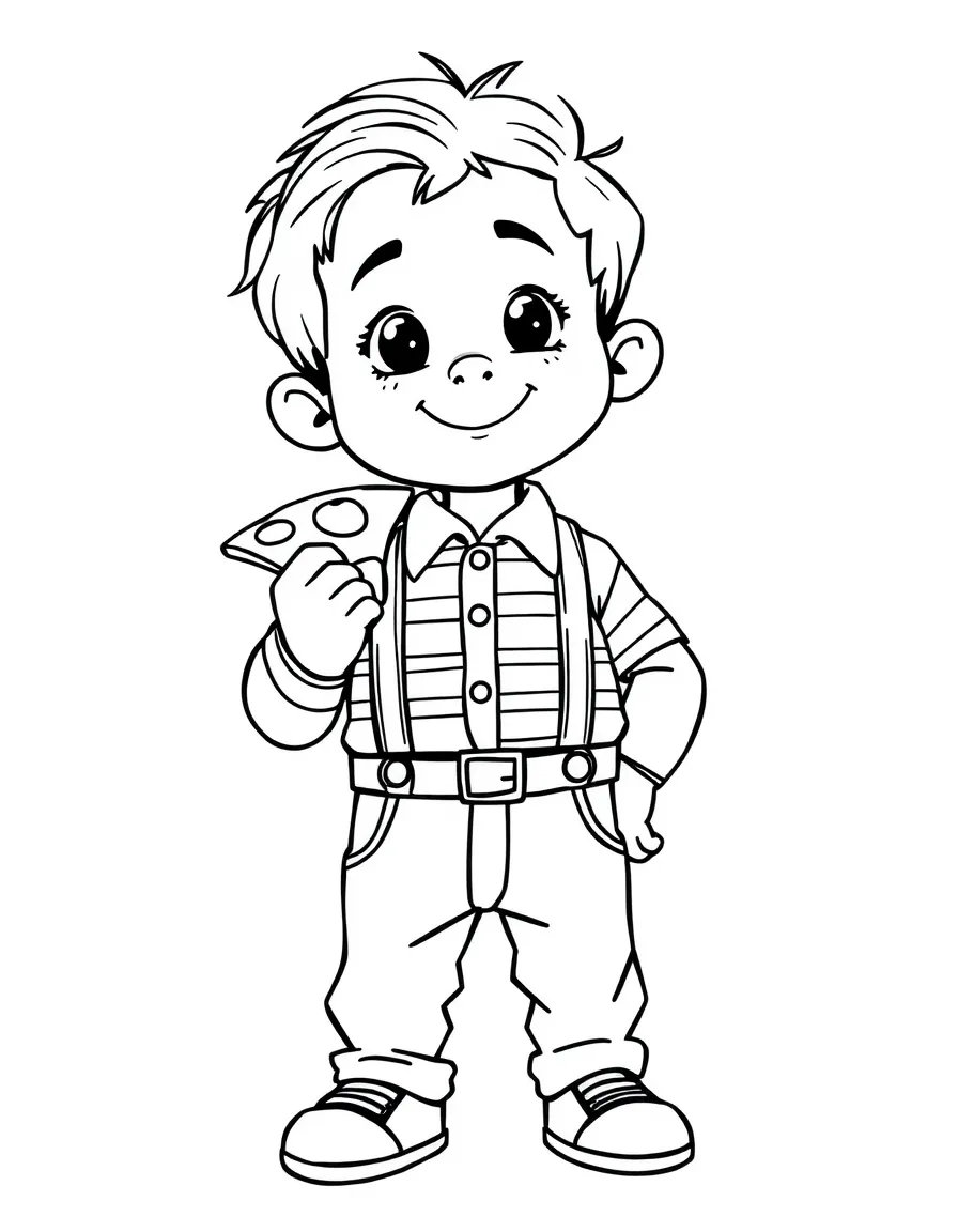 An Italian child in a simple striped shirt and suspenders, holding a slice of pizza.