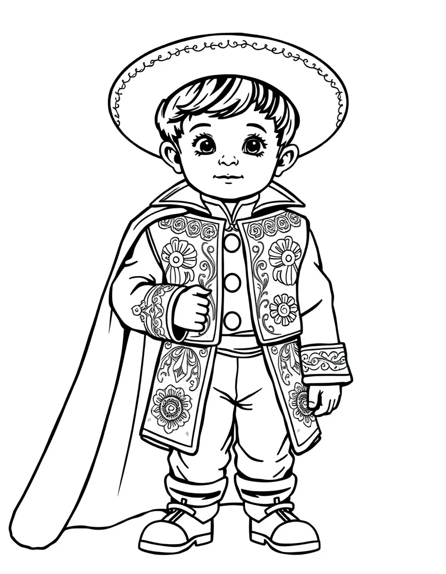 A Spanish child in a matador jacket with embroidery, holding a red cape.