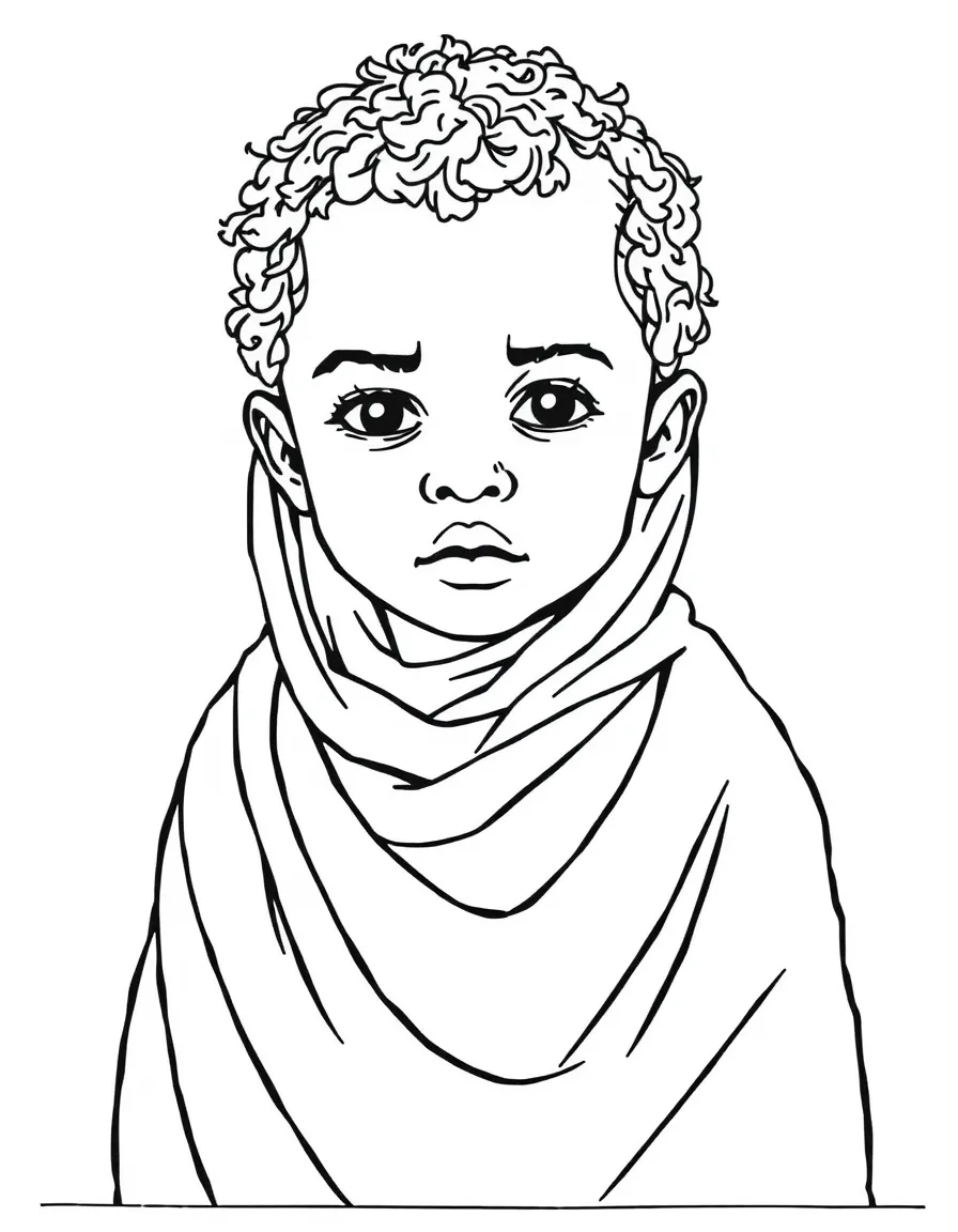 An Ethiopian child in a simple white netela (shawl).