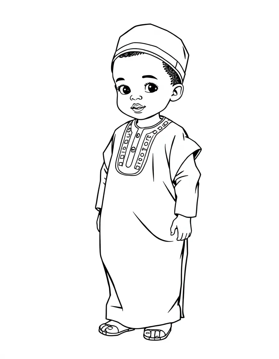 A Nigerian child in an agbada with a simple cap.