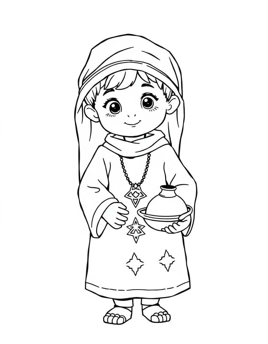 A Moroccan child in a simple caftan, with a small tagine.