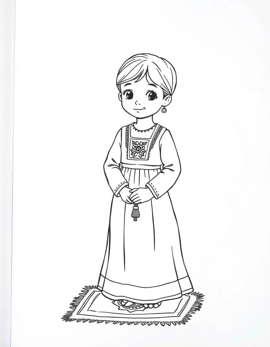 A Turkish child in a simple long dress, with a small carpet design.
