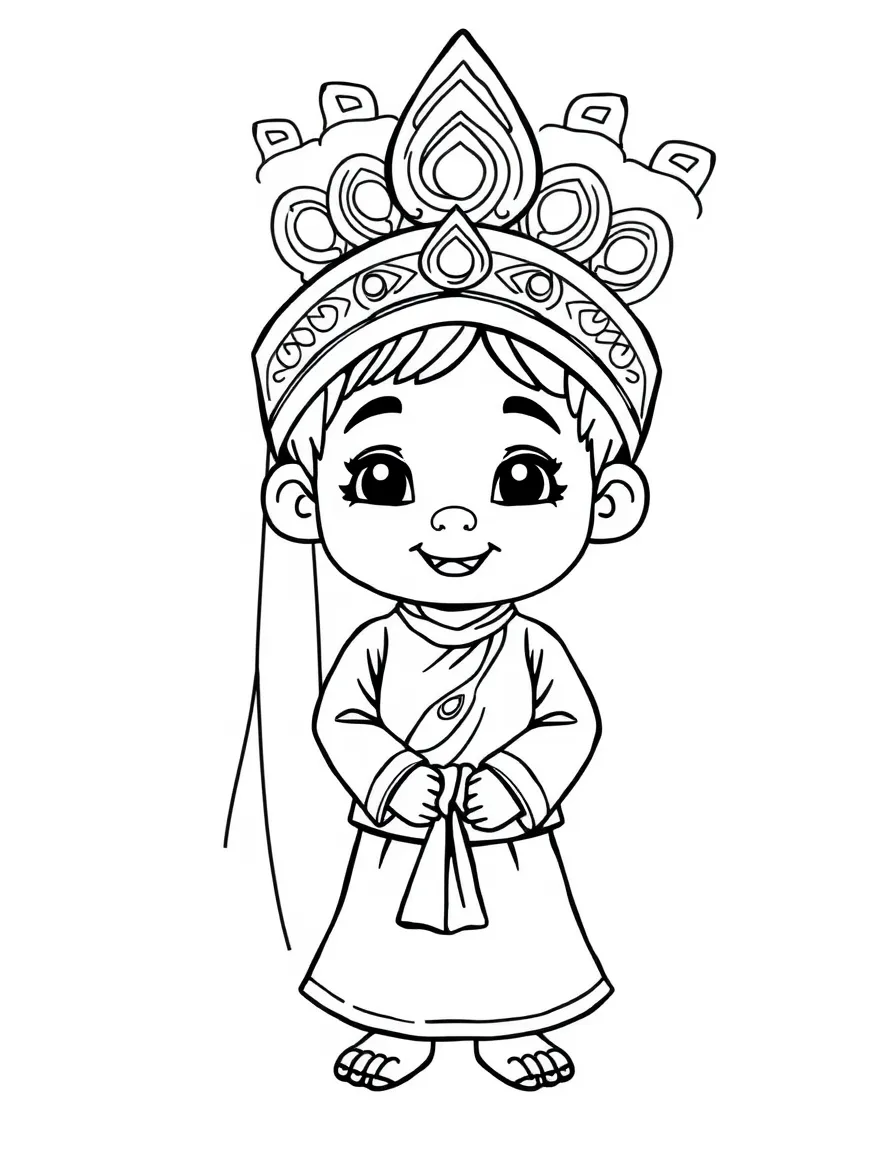 An Indonesian child in a simple wayang kulit (puppet) design on their clothes.
