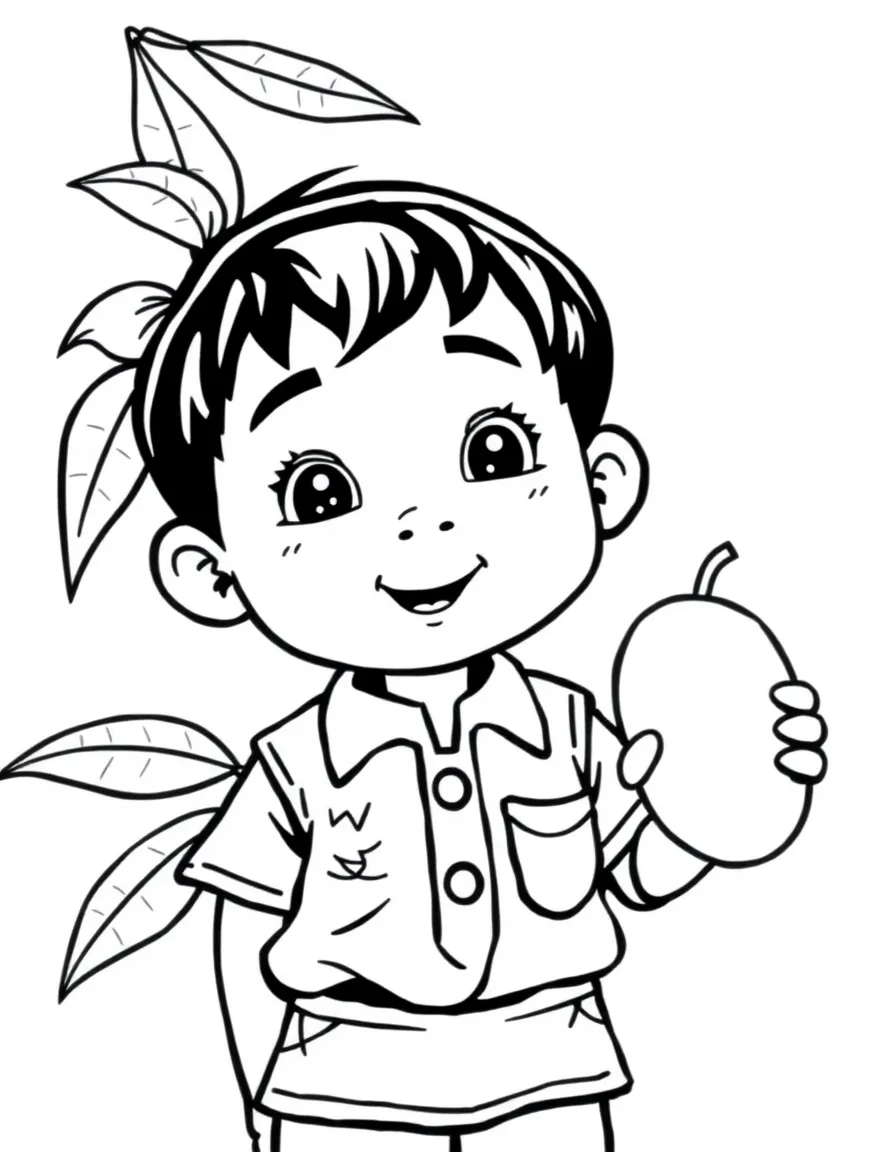 A Filipino child in a simple traditional shirt, with a small mango.