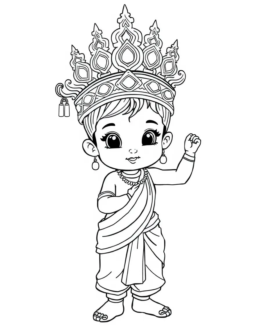 A Cambodian child in a simpler sampot, with an Apsara dance pose.