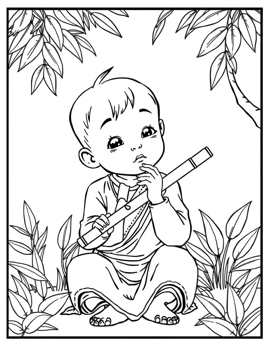 A Laotian child in a simpler sinh, with a small bamboo flute.