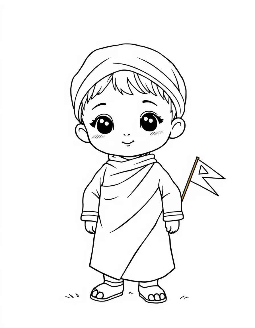 A Nepalese child in a simple gho and kira, with a small prayer flag.
