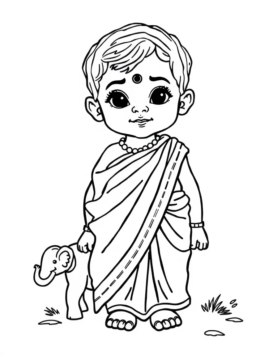 A Sri Lankan child in a simpler sari, with a small elephant.
