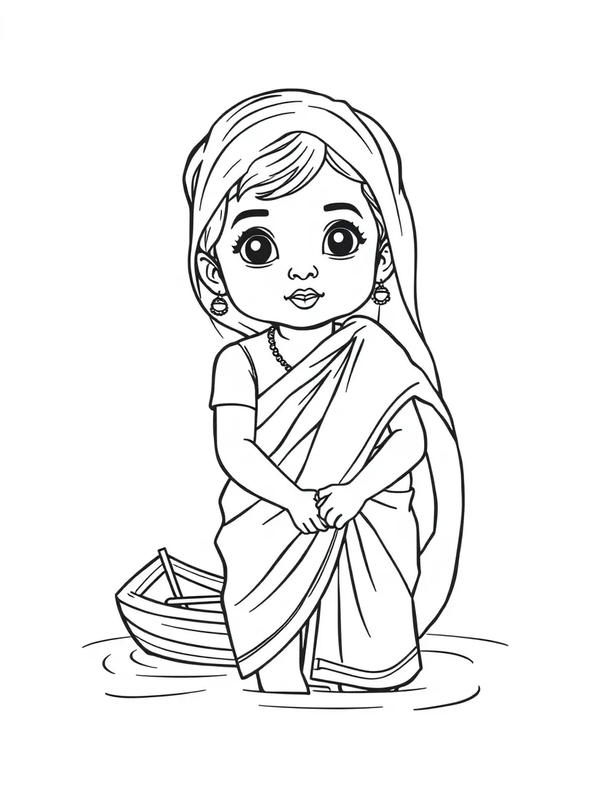 A Bangladeshi child in a simpler sari, with a small boat.