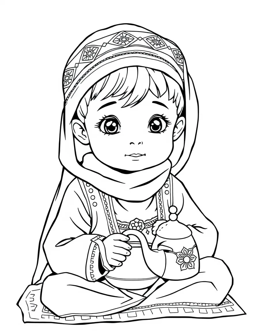 An Afghan child in a simpler perahan tunban, with a small tea kettle.