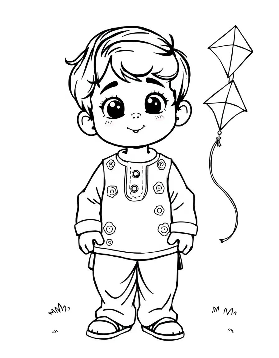 A Pakistani child in a simpler shalwar kameez, with a small kite.