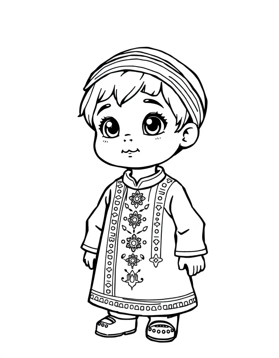 An Iranian child in a simpler traditional tunic, with a small Persian rug pattern.