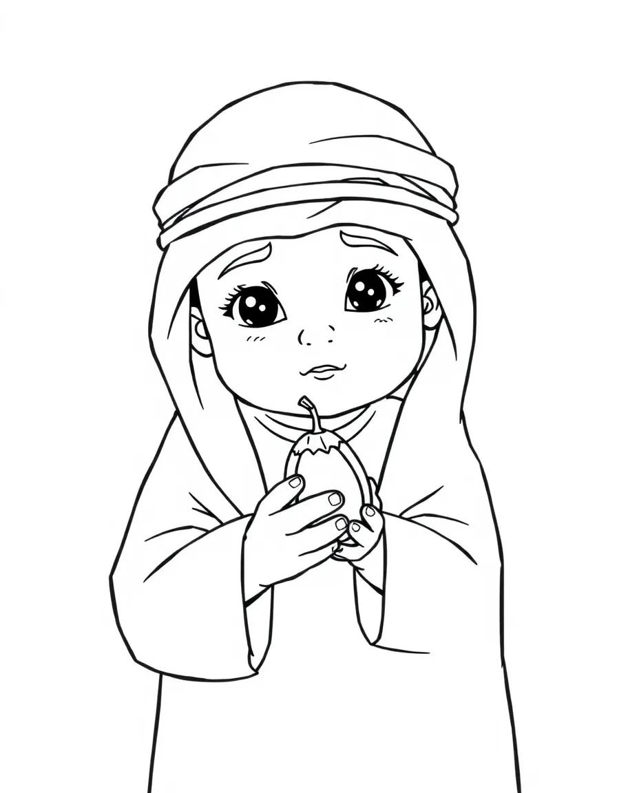 A Saudi Arabian child in a simpler thobe, with a small date fruit.