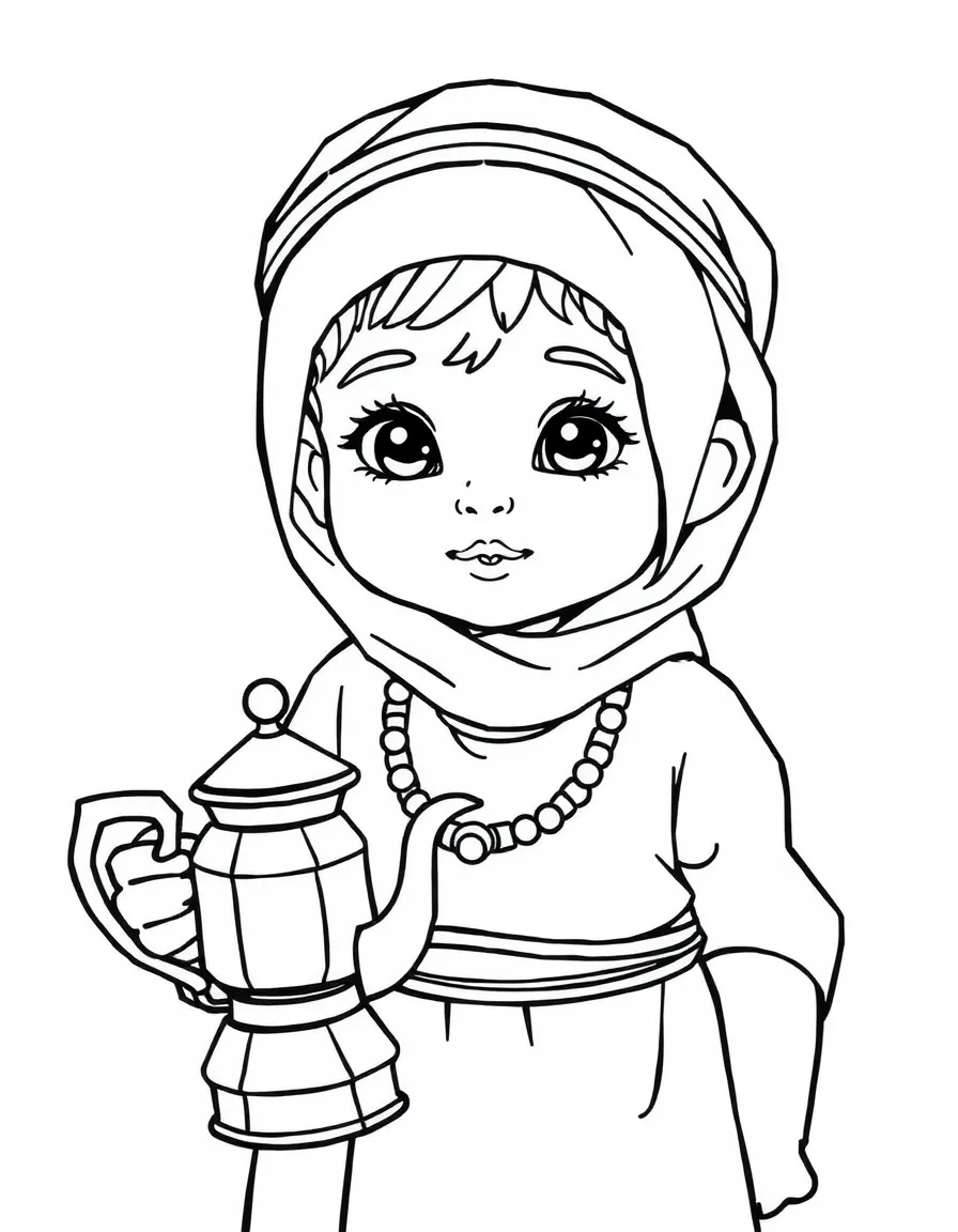 A Yemeni child in a simple traditional dress, with a small coffee pot.