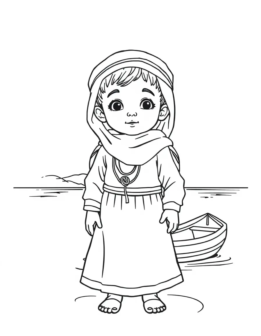An Iraqi child in a simple traditional dress, with a small boat on the Tigris.
