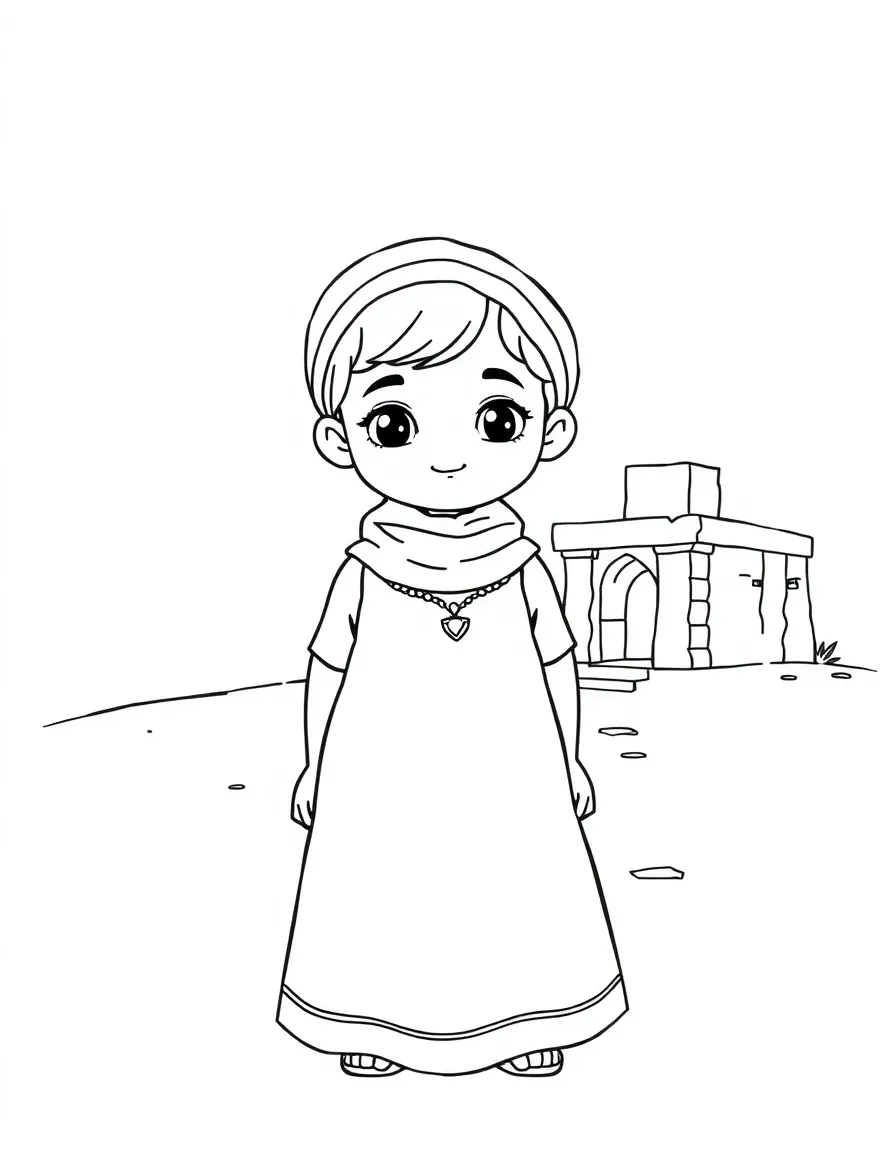 A Lebanese child in a simple traditional dress, with a small ancient ruin.