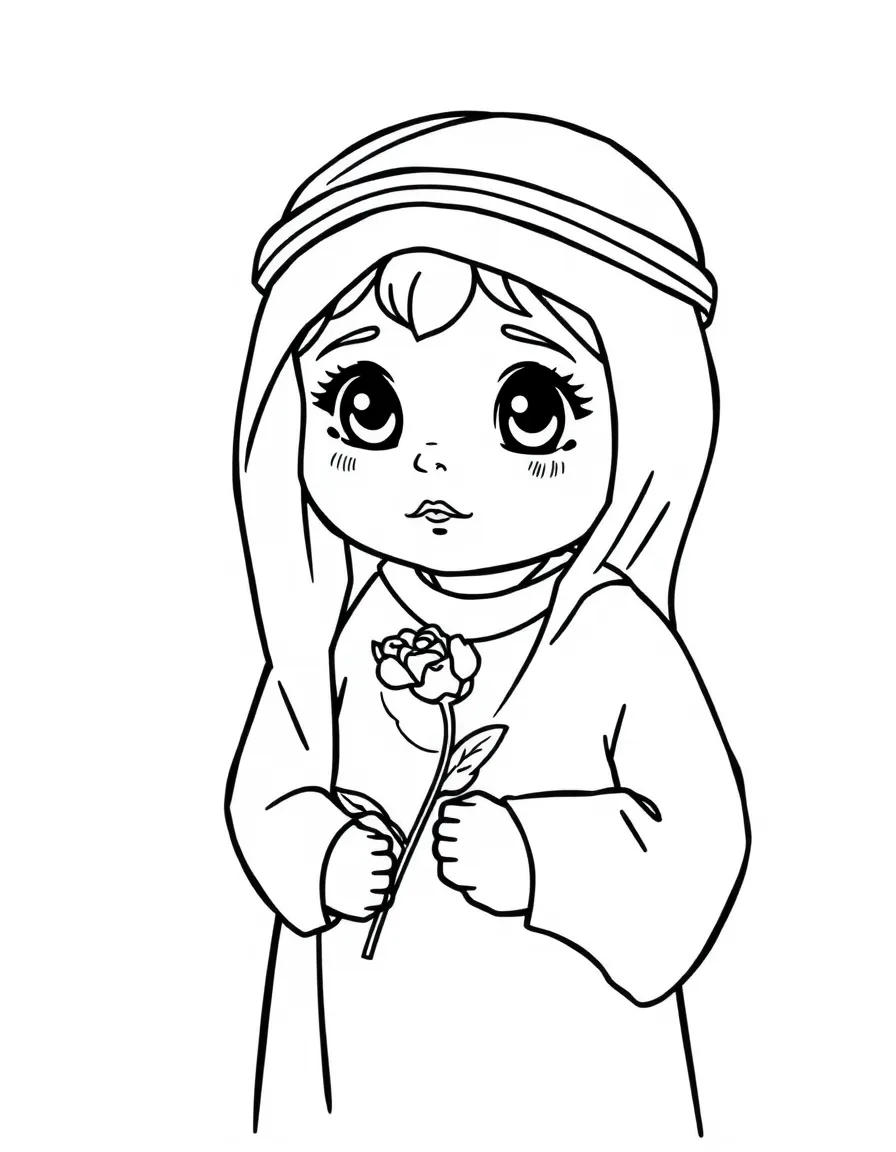 A Jordanian child in a simple thobe, with a small desert rose.