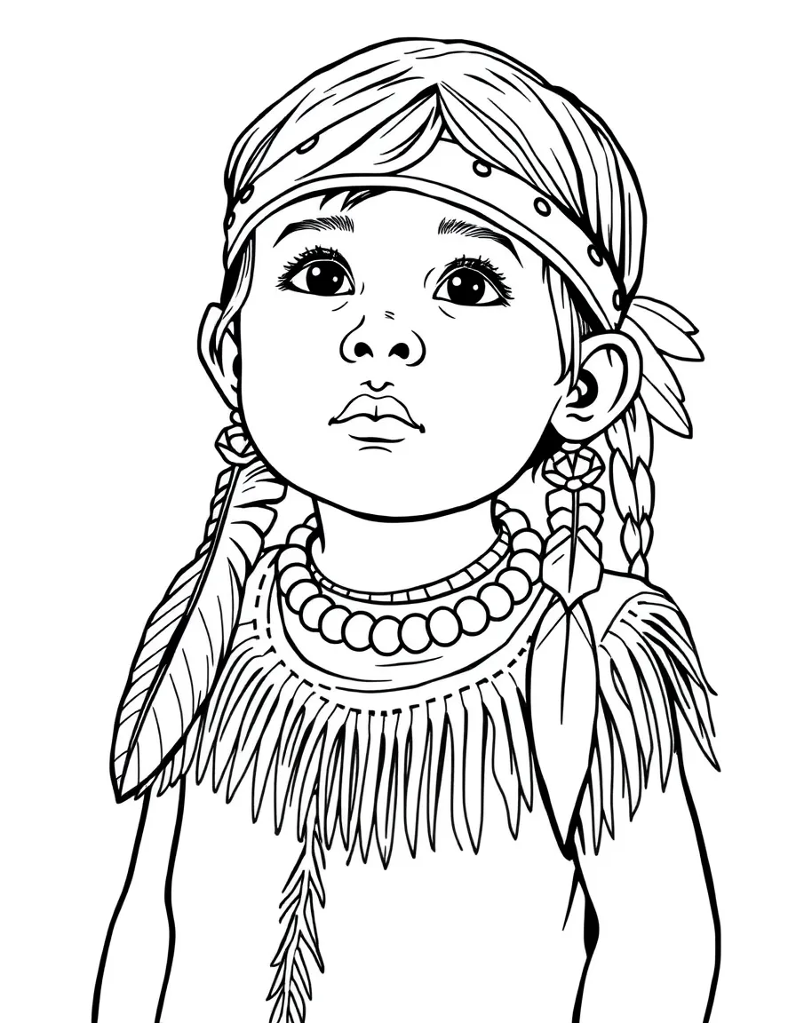 A Native American child with a feather and bead necklace, wearing a fringed vest.