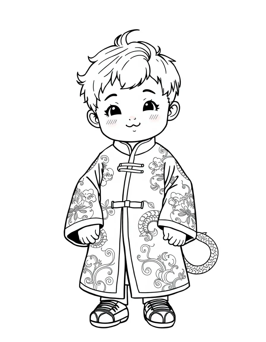 A Chinese child in a bright silk robe with embroidered dragons.