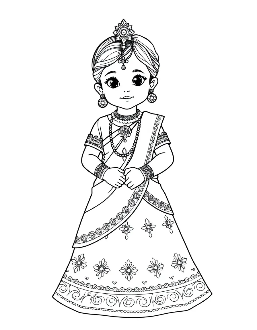 An Indian child in a vibrant lehenga choli with ornate embroidery.