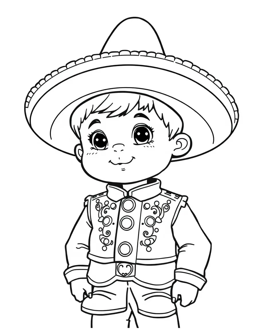 A Mexican child in a charro suit with silver buttons.