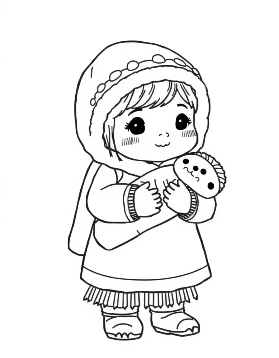 An Inuit child in a traditional amauti, carrying a baby doll.