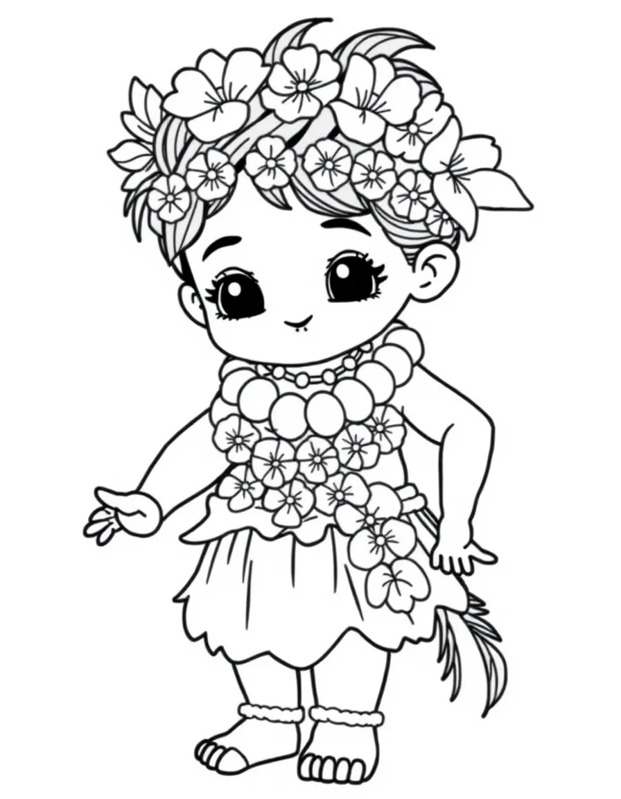 A Hawaiian child in a detailed hula costume with multiple leis.