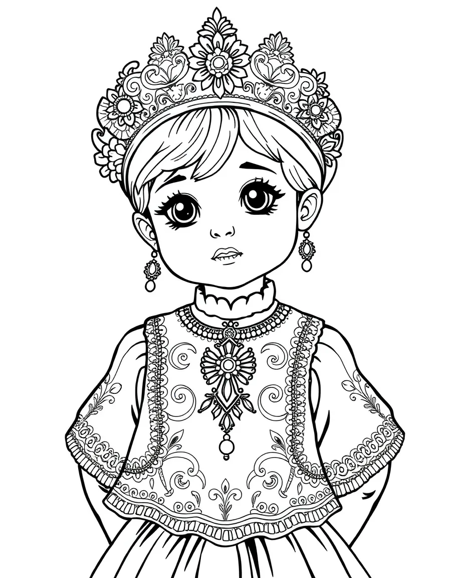 A Russian child in a richly decorated traditional dress with gold accents.