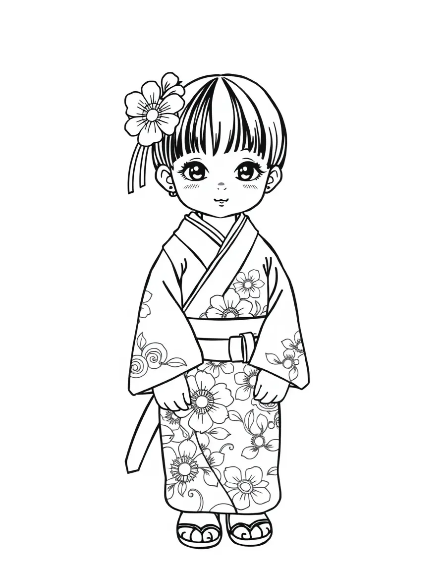 A Japanese child in a formal kimono with intricate floral designs.