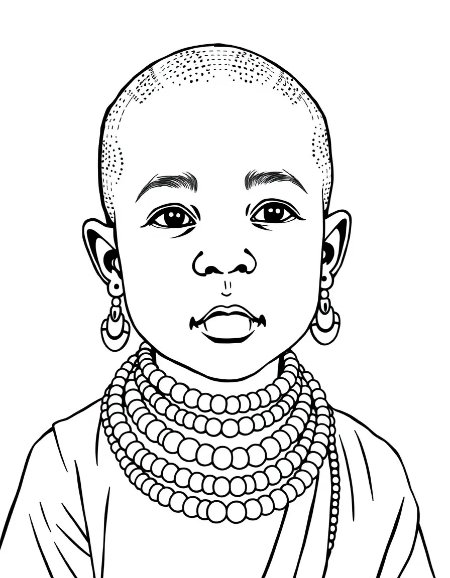 A Maasai child with elaborate beaded collars and armbands.
