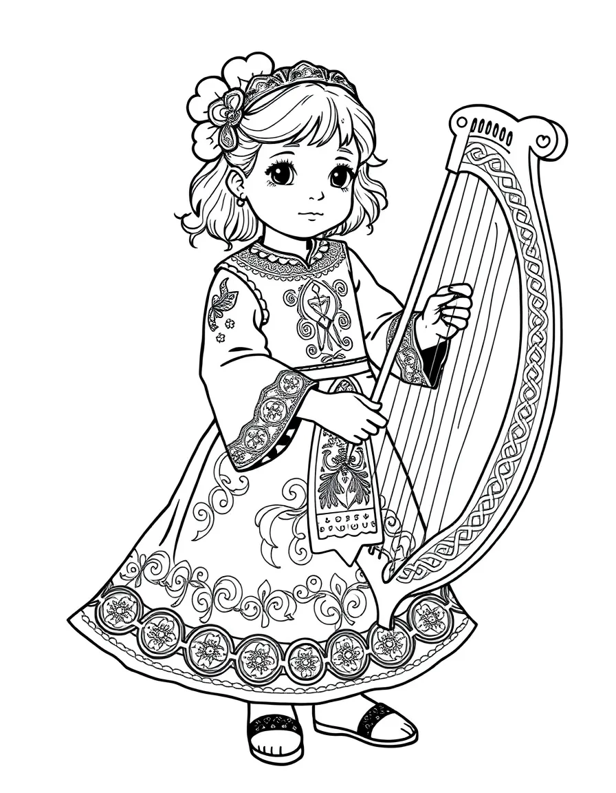 An Irish child in a detailed Celtic-embroidered dress, holding a harp.