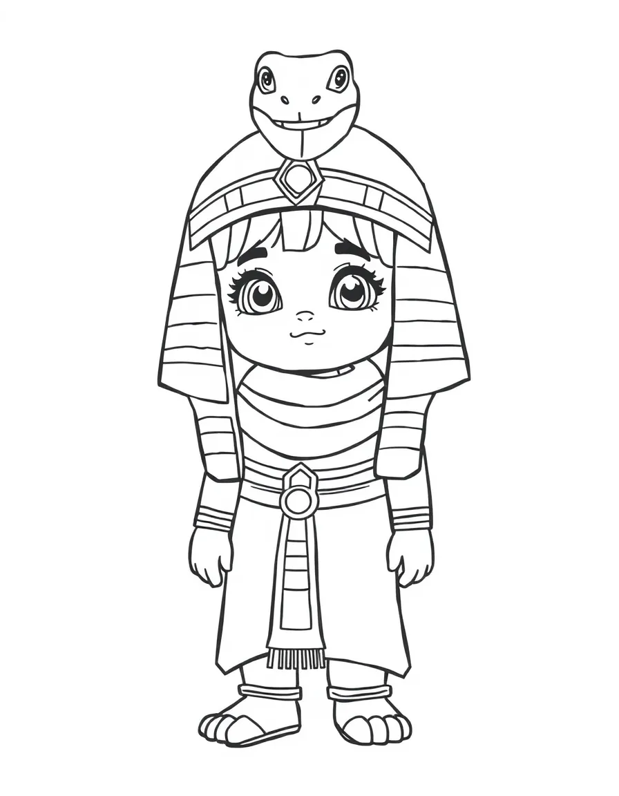 An Egyptian child in a pharaoh-inspired costume with a cobra headpiece.