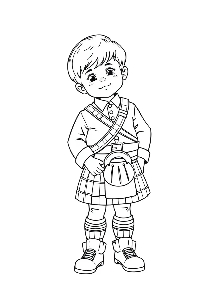 A Scottish child in a full tartan kilt outfit with a sporran.