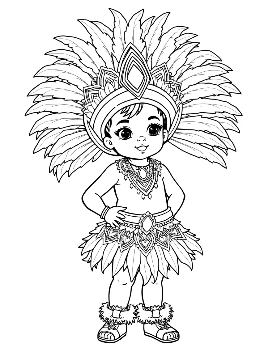 A Brazilian child in an elaborate samba costume with feathers and sequins.