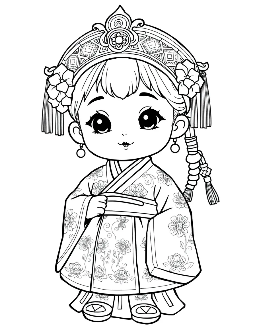 A Korean child in a luxurious hanbok with gold patterns.