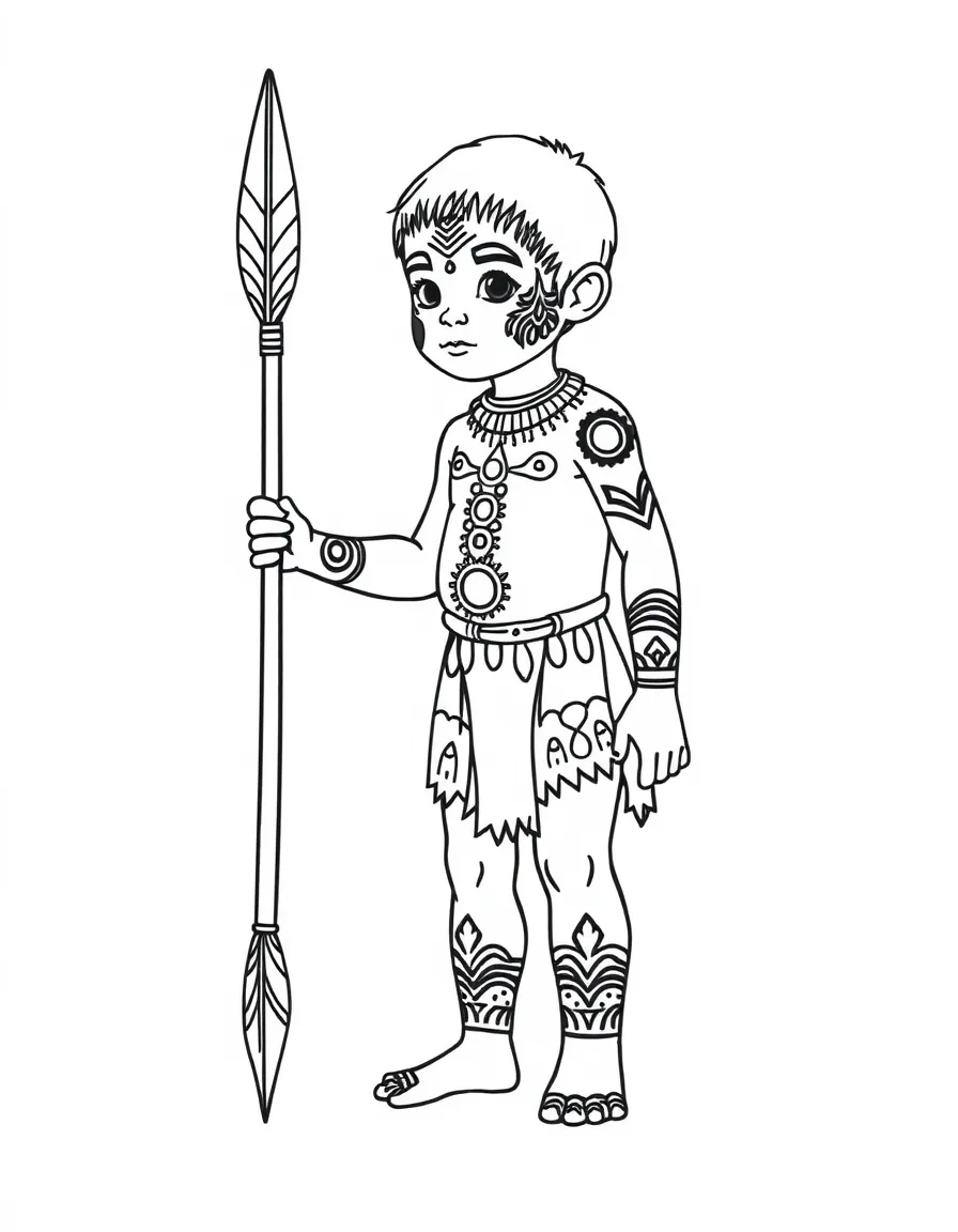An Australian Aboriginal child with full body paint and a spear.