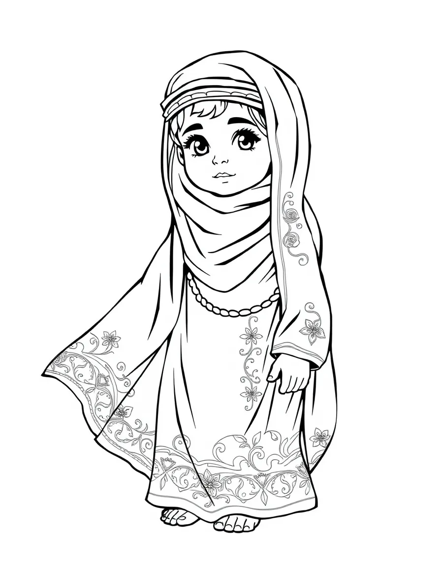 A Bedouin child in a flowing abaya with intricate embroidery.