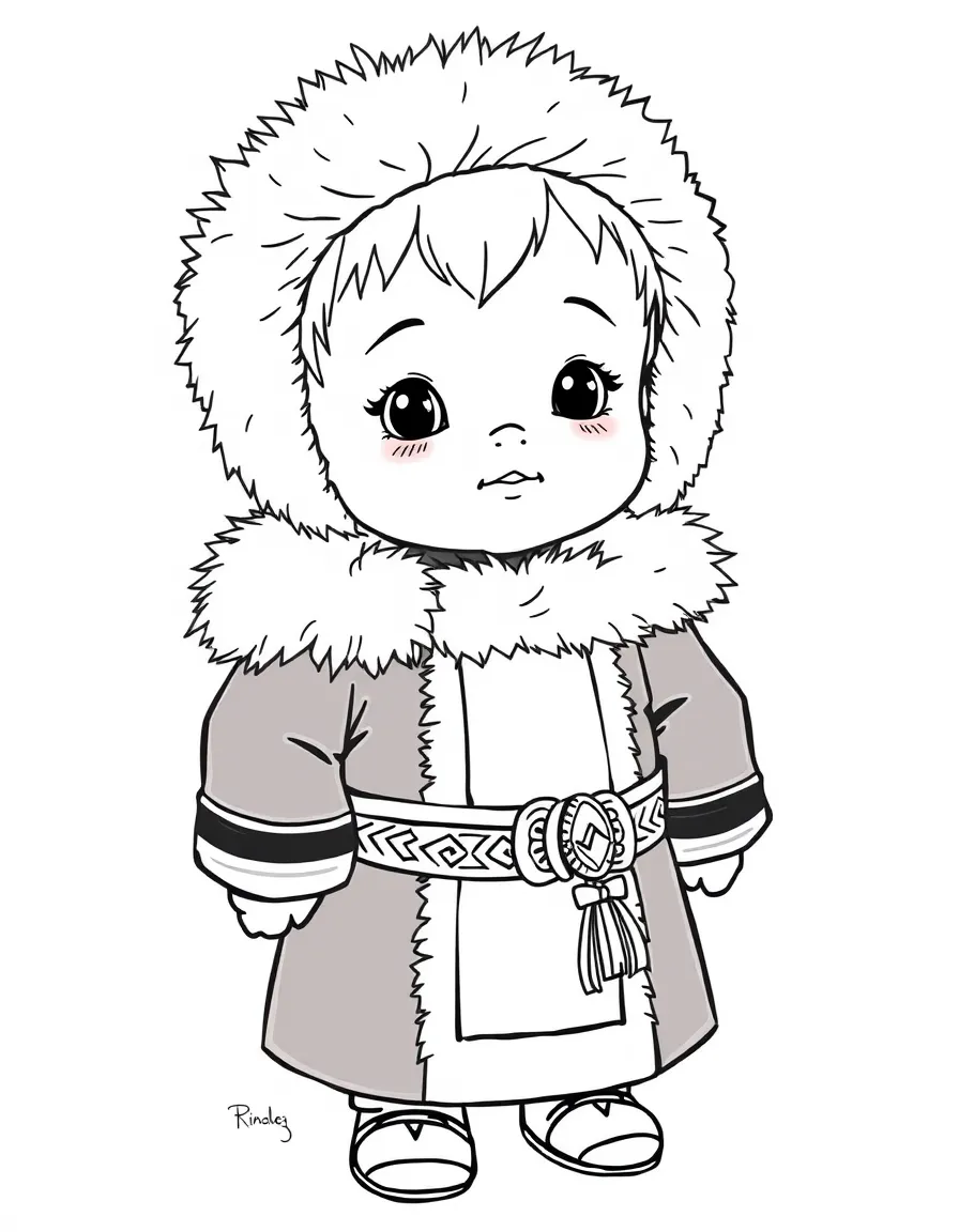 A Mongolian child in a deel with fur trim and a traditional belt.
