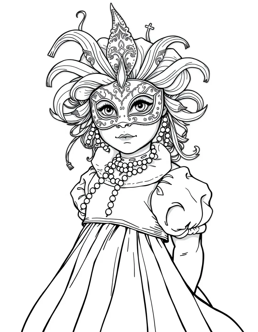 An Italian child in a Venetian carnival mask and elegant gown.
