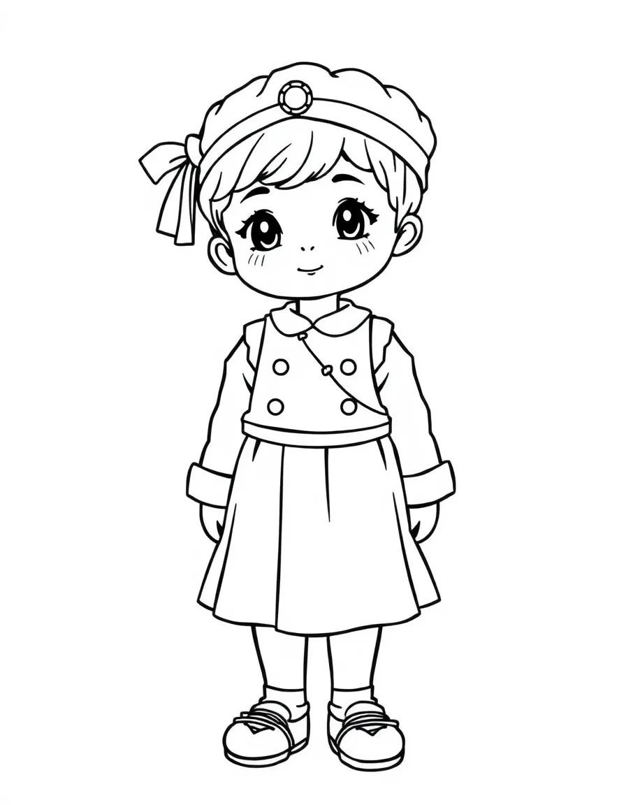 A Greek child in a detailed evzone uniform with a fustanella skirt.