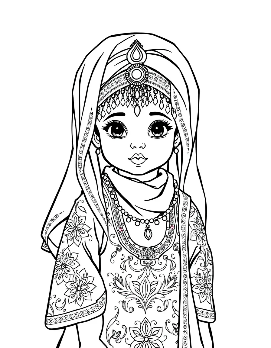 A Moroccan child in a richly embroidered caftan and jeweled headpiece.