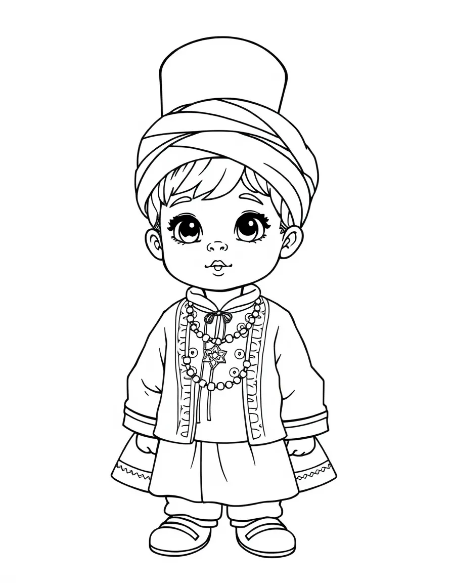 A Turkish child in an Ottoman-era costume with a fez and turban.
