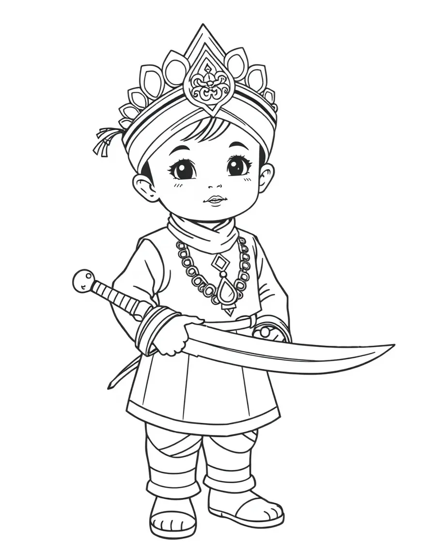 An Indonesian child in a full traditional costume with a kris (dagger).
