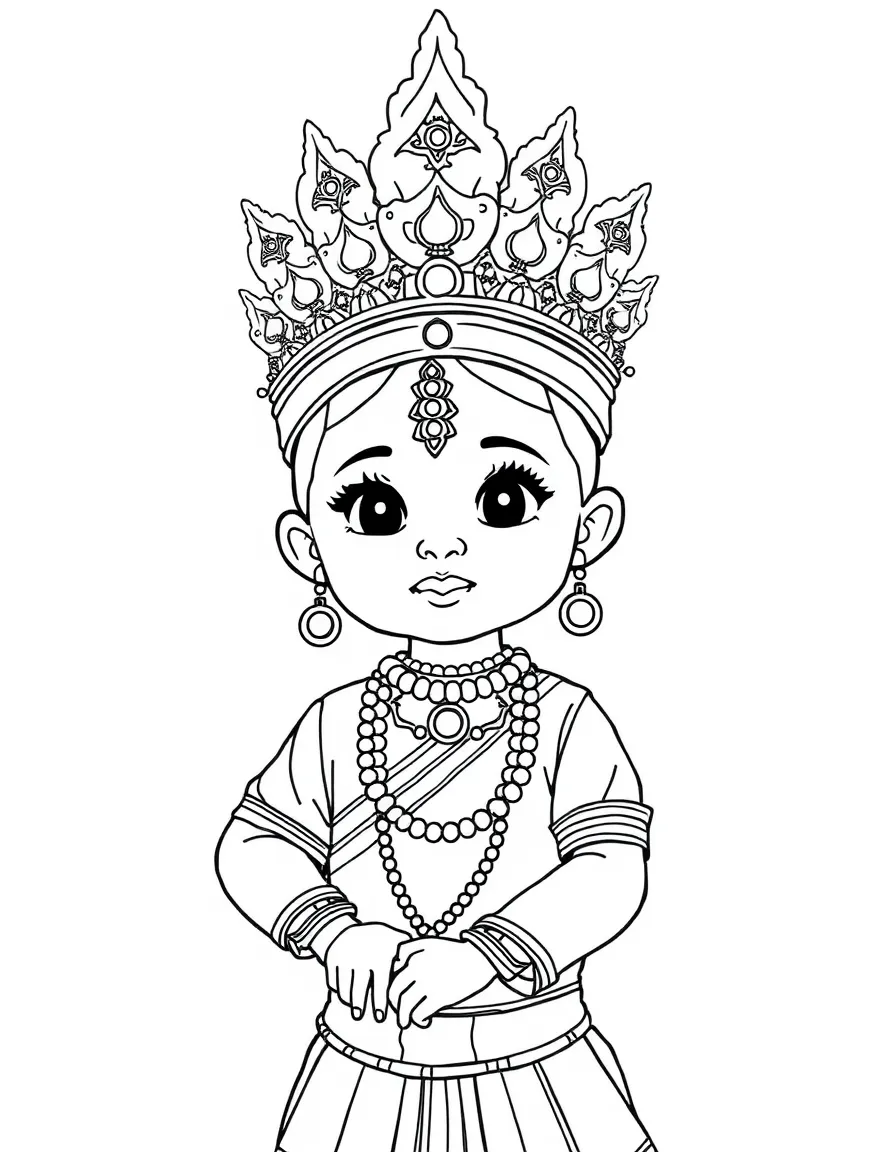 A Cambodian child in a traditional Apsara dancer costume with a crown.