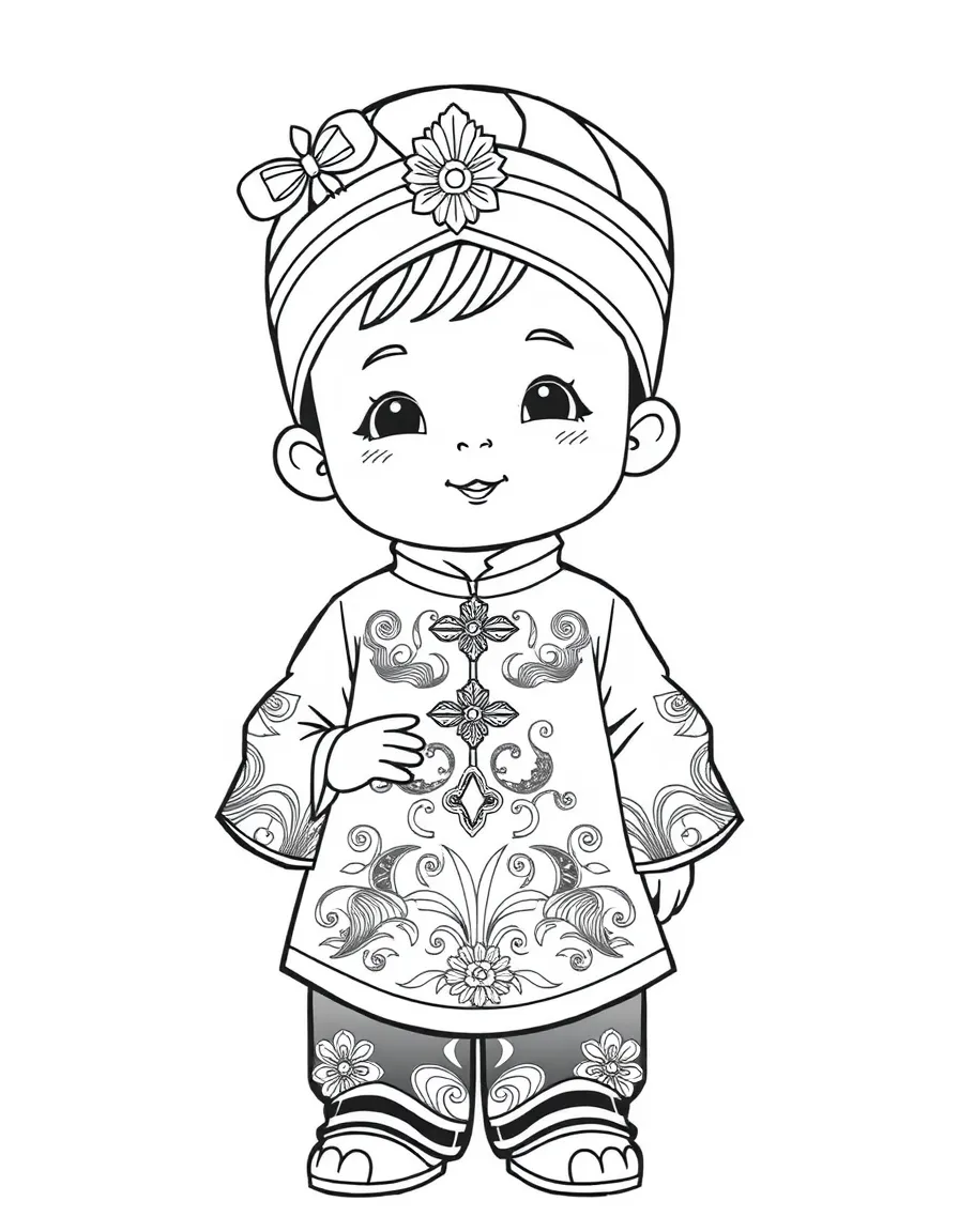 A Malaysian child in a ceremonial baju kurung with songket fabric.