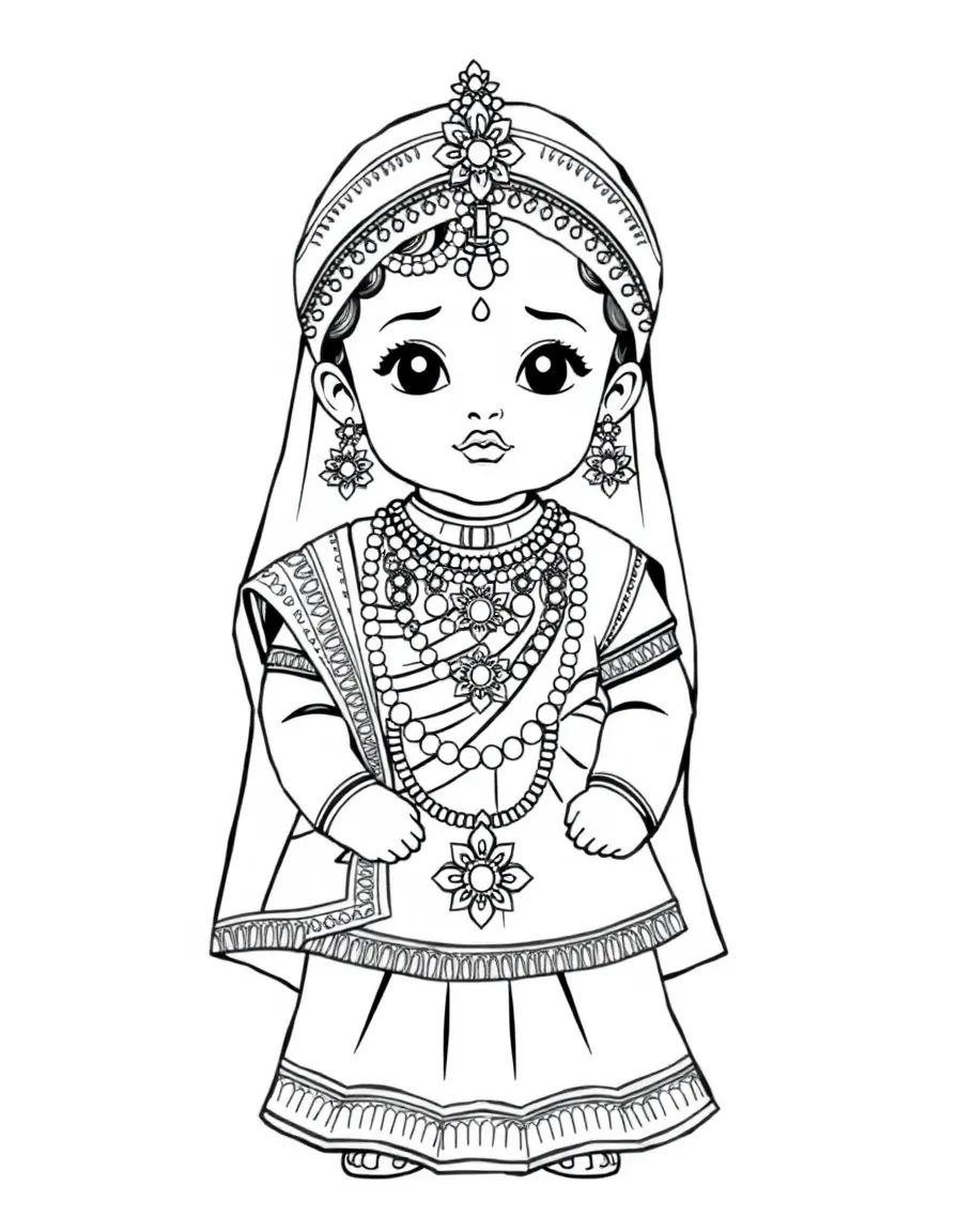 A Nepalese child in a traditional wedding dress with elaborate jewelry.
