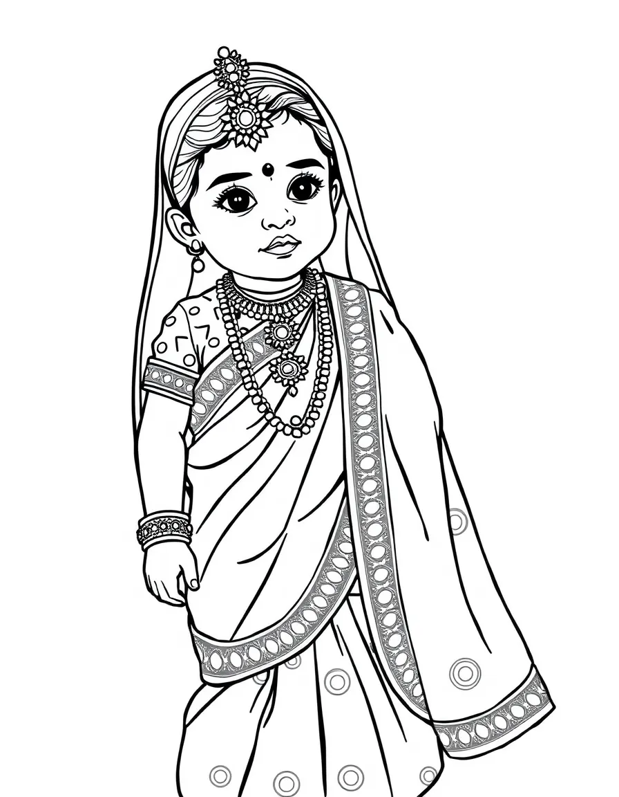 A Bangladeshi child in a traditional wedding sari with heavy embellishments.