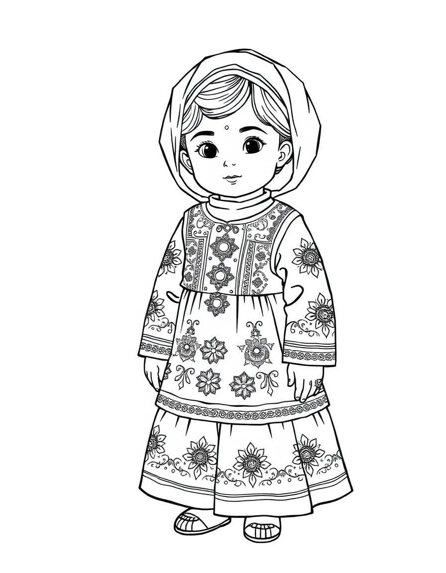 An Afghan child in a detailed Kuchi dress with mirrors and embroidery.